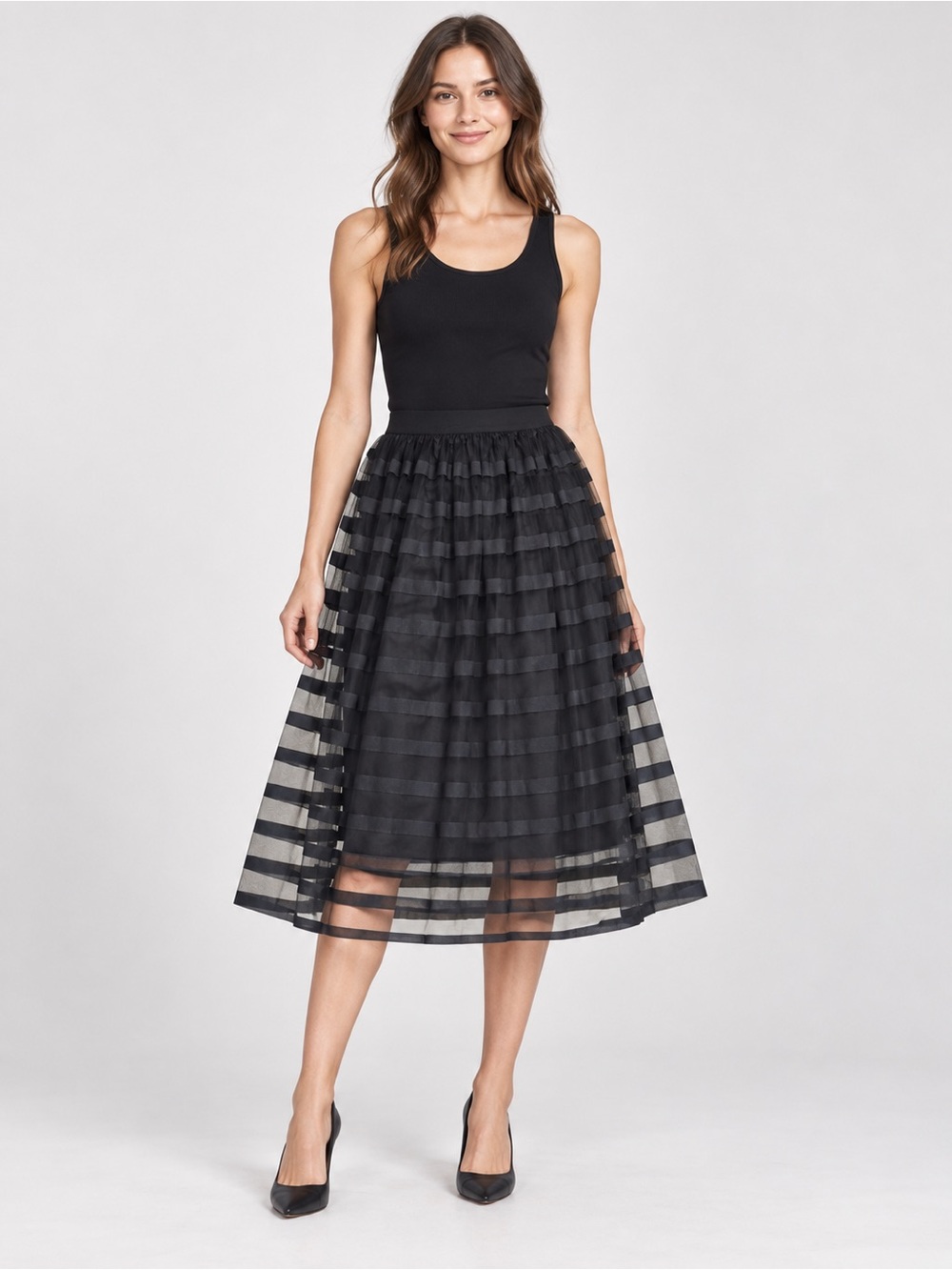 Metro Wear Metrowear Black Black Layered Sheer Stripe Midi Skirt Size L